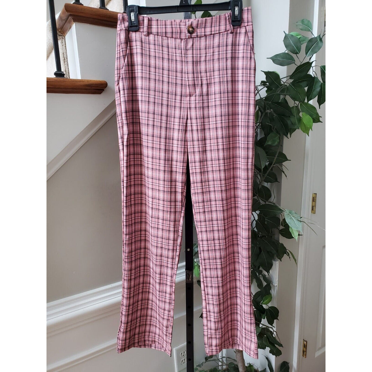 SheIn Womens Pink Plaid Polyester Slash Pockets Casual Straight Leg Pants Small