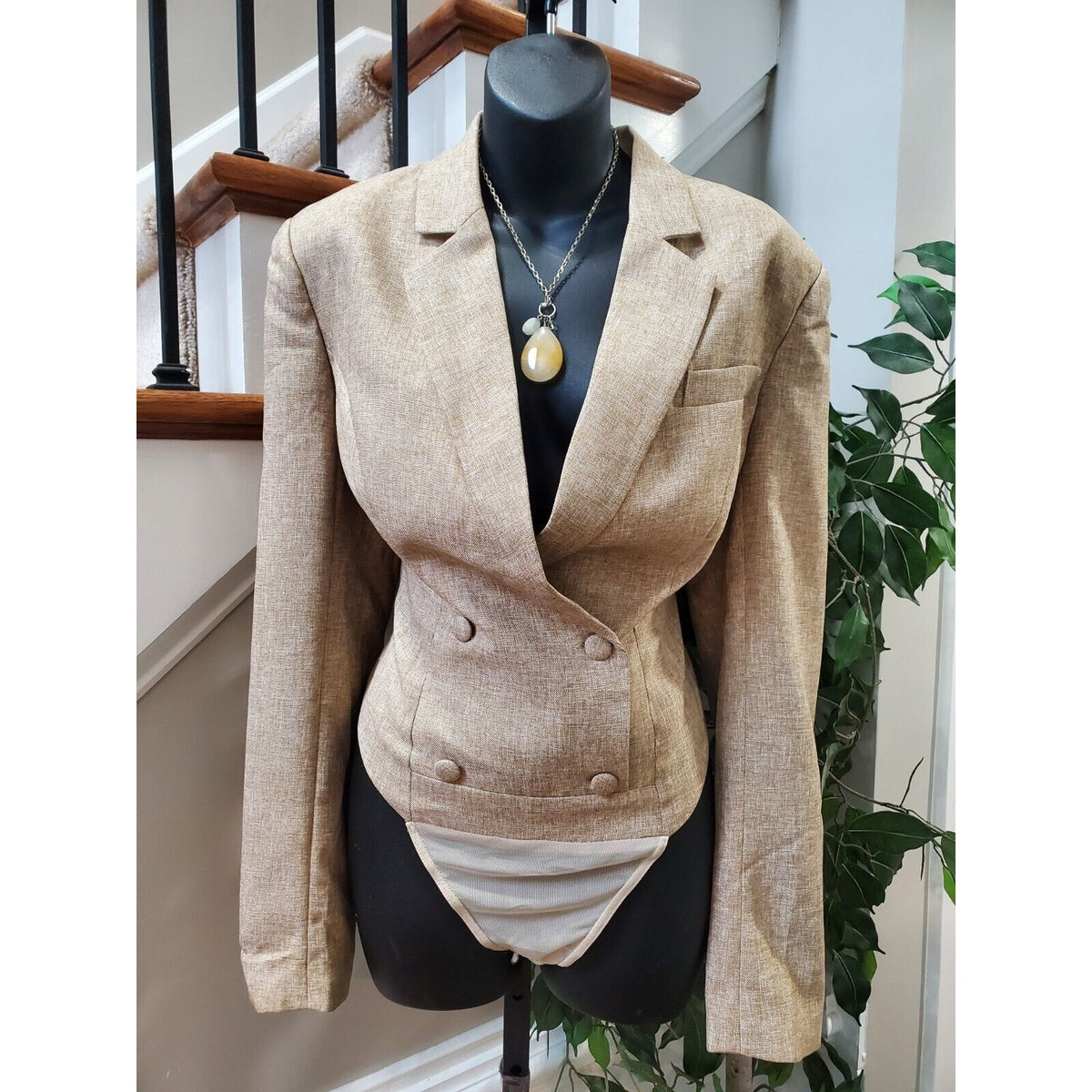 L' Atiste Beige Polyester Full Sleeve Notch Lapel Button Front Bodysuit Blazer M