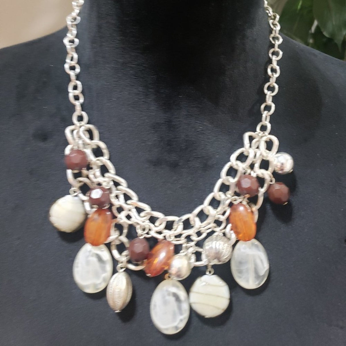 Womens Fashion Silver Tone Clear Glass Brown Polished Stone Beaded Bib Necklace