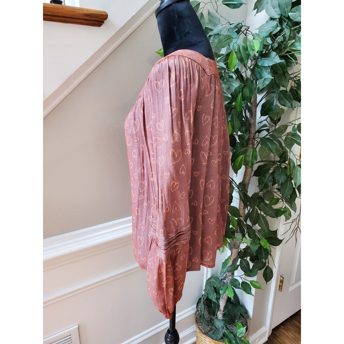 LC Lauren Conrad Square Neck Heart Print Balloon Sleeve Blouse Mauve Pink Size S