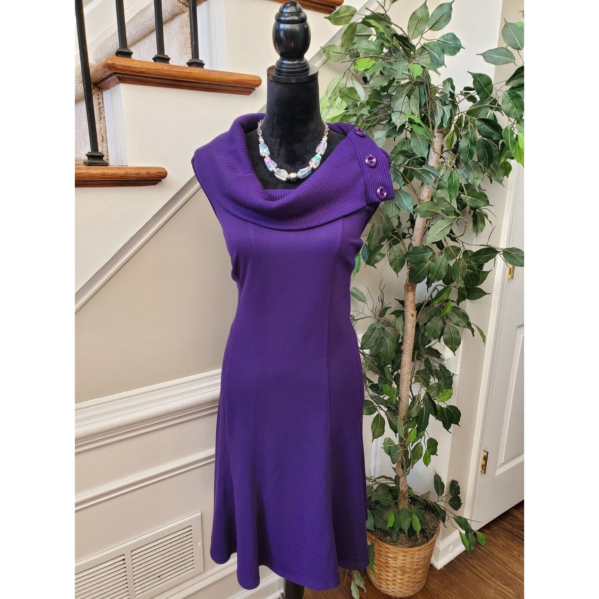 Spense Women's Purple Solid Polyester Cowl Neck Sleeveless Knee Length Dress 14