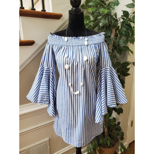 New York & Company Women White Blue Striped Off The Shoulder Knee Length Dress S