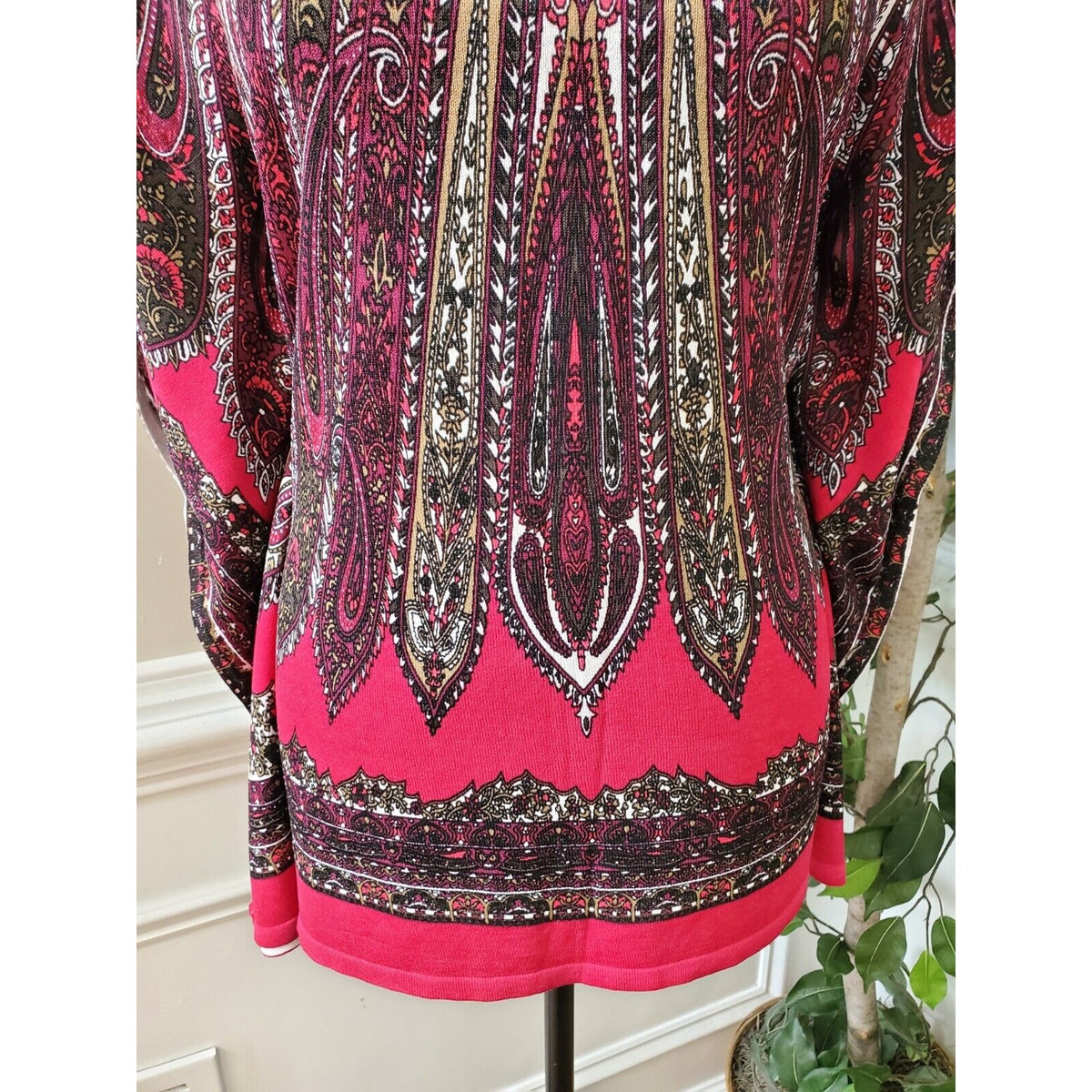 Cache Top Poncho Blouse Pink Paisley Knit Kimono Batwing Sleeves No Belt Size M