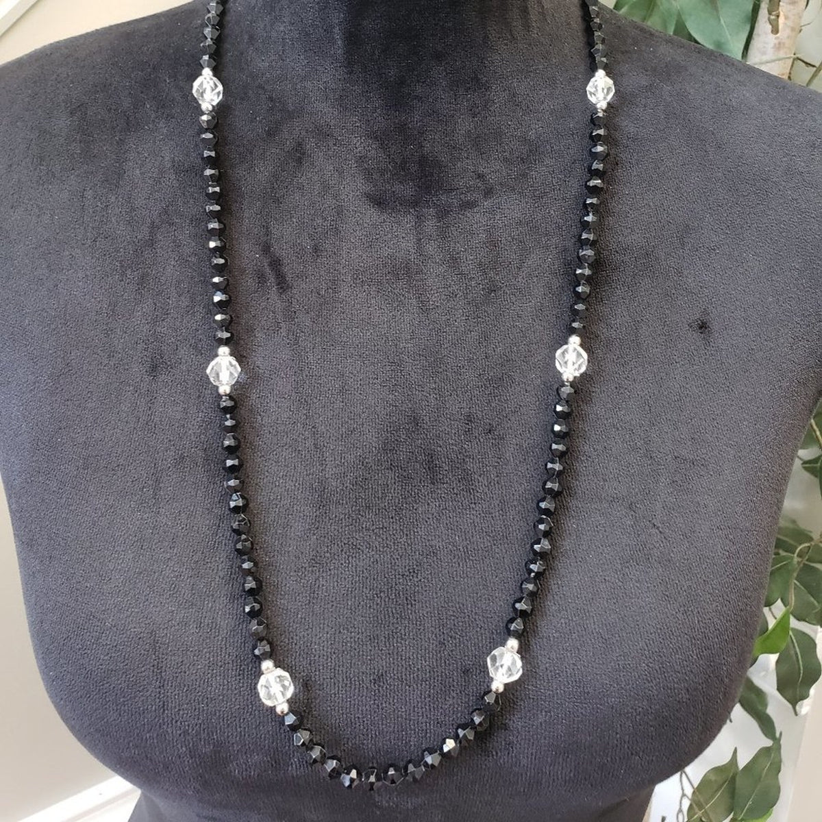 Womens Fashion Black Beads White Clear Crystals Long Necklace with Lobster Clasp