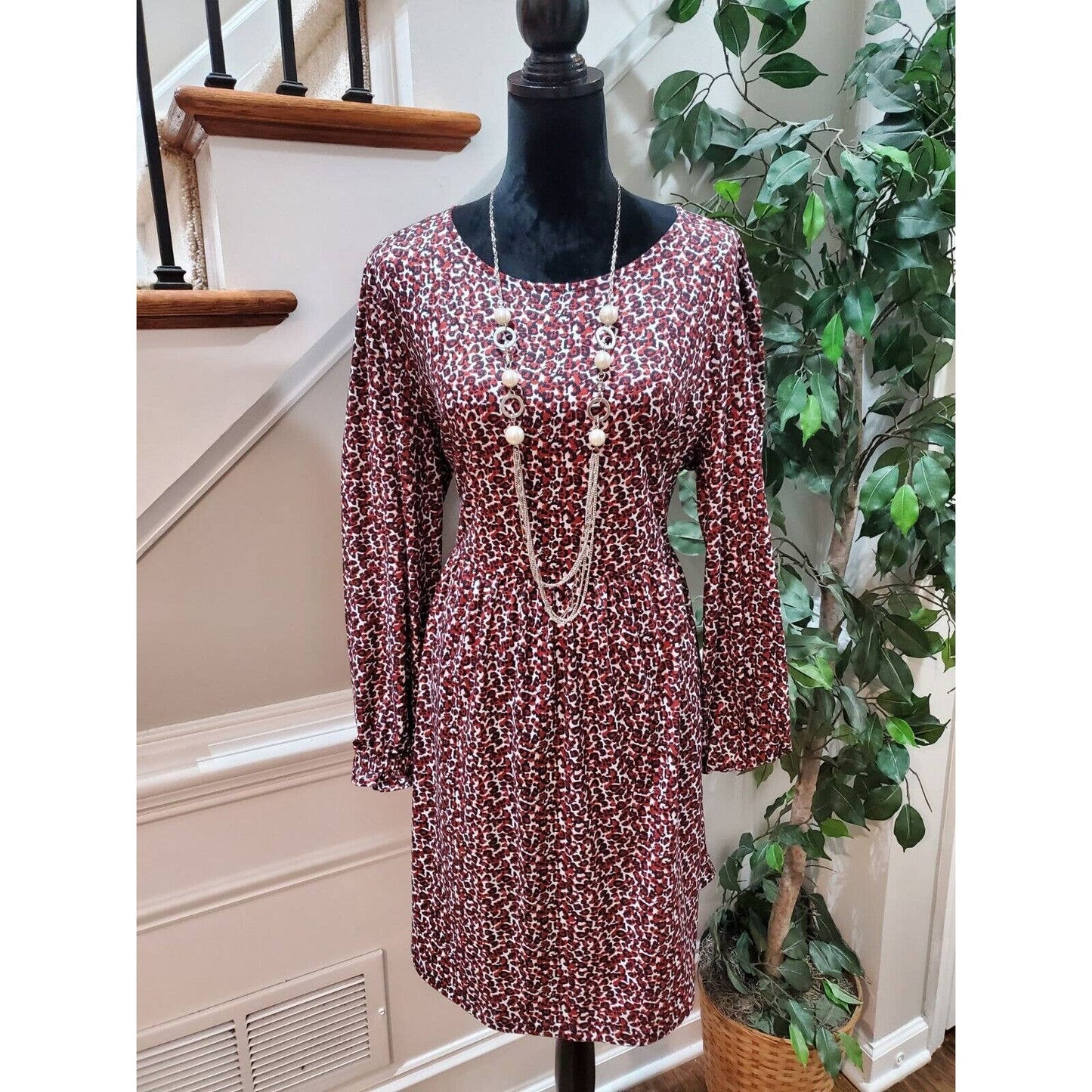 Reoria Women's Brown Polyester Round Neck Long Sleeves Knee Length Dress Size XL