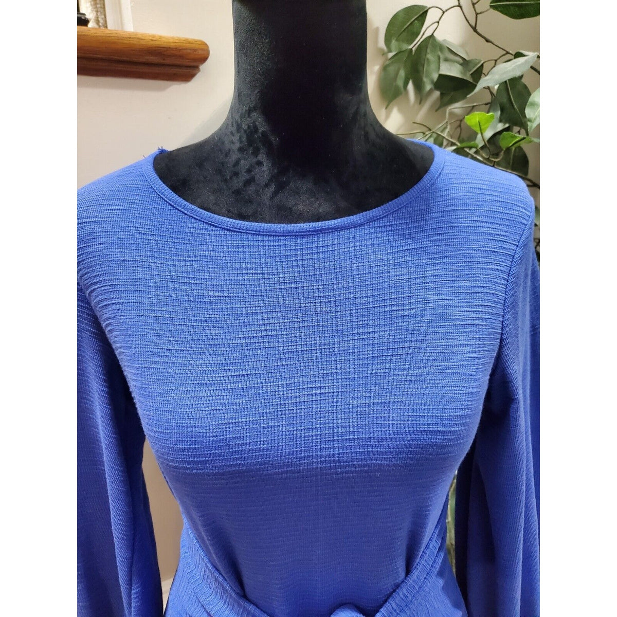 R. Vivimos Women Blue Polyester Round Neck Long Sleeve Knee Length Dress Size S