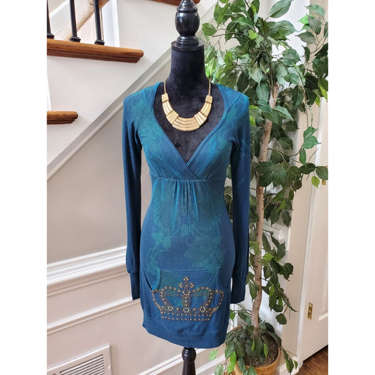 Emma Rose Apparel Women's Blue Polyester V-Neck Long Sleeve Knee Length Dress S
