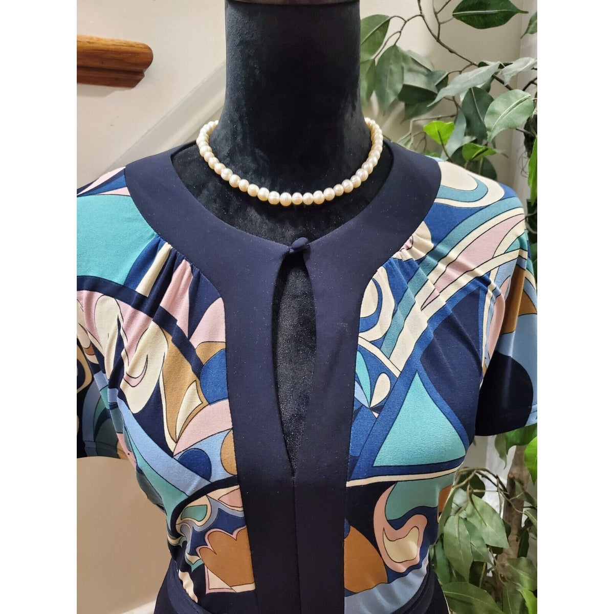 Sheri Martin Women's Blue Polyester Round Neck Short Sleeve Knee Length Size 14