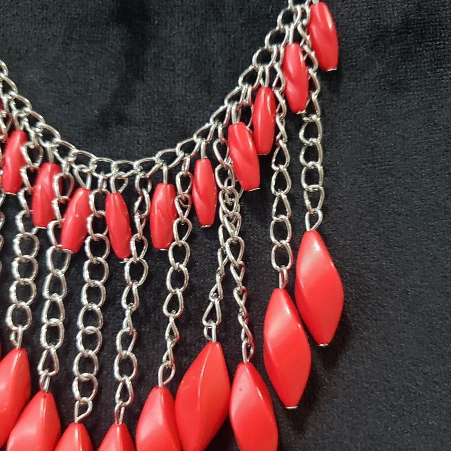 Womens Silver Chain Binge Red Stone Beaded Statement Necklace with Lobster Clasp