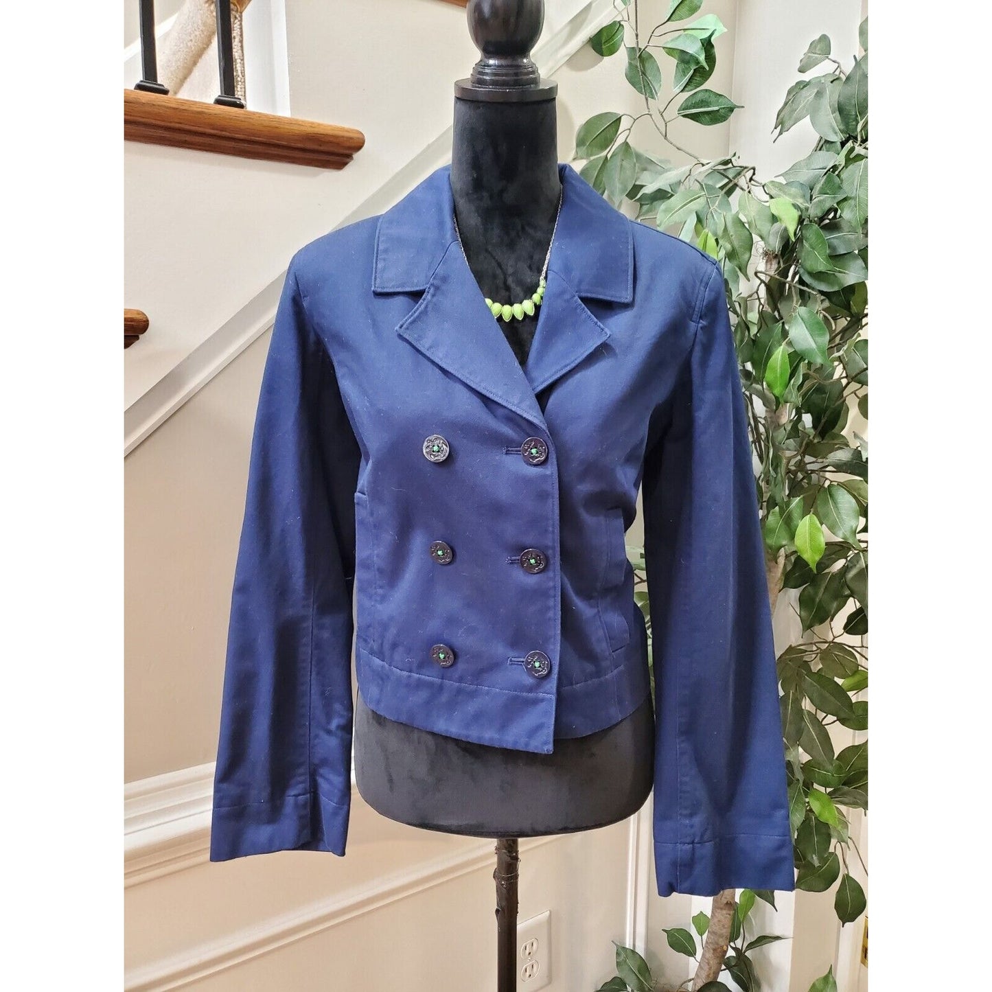 Isaac Mizrahi Women's Blue Cotton Double Breasted Long Sleeve Jacket Blazer 12