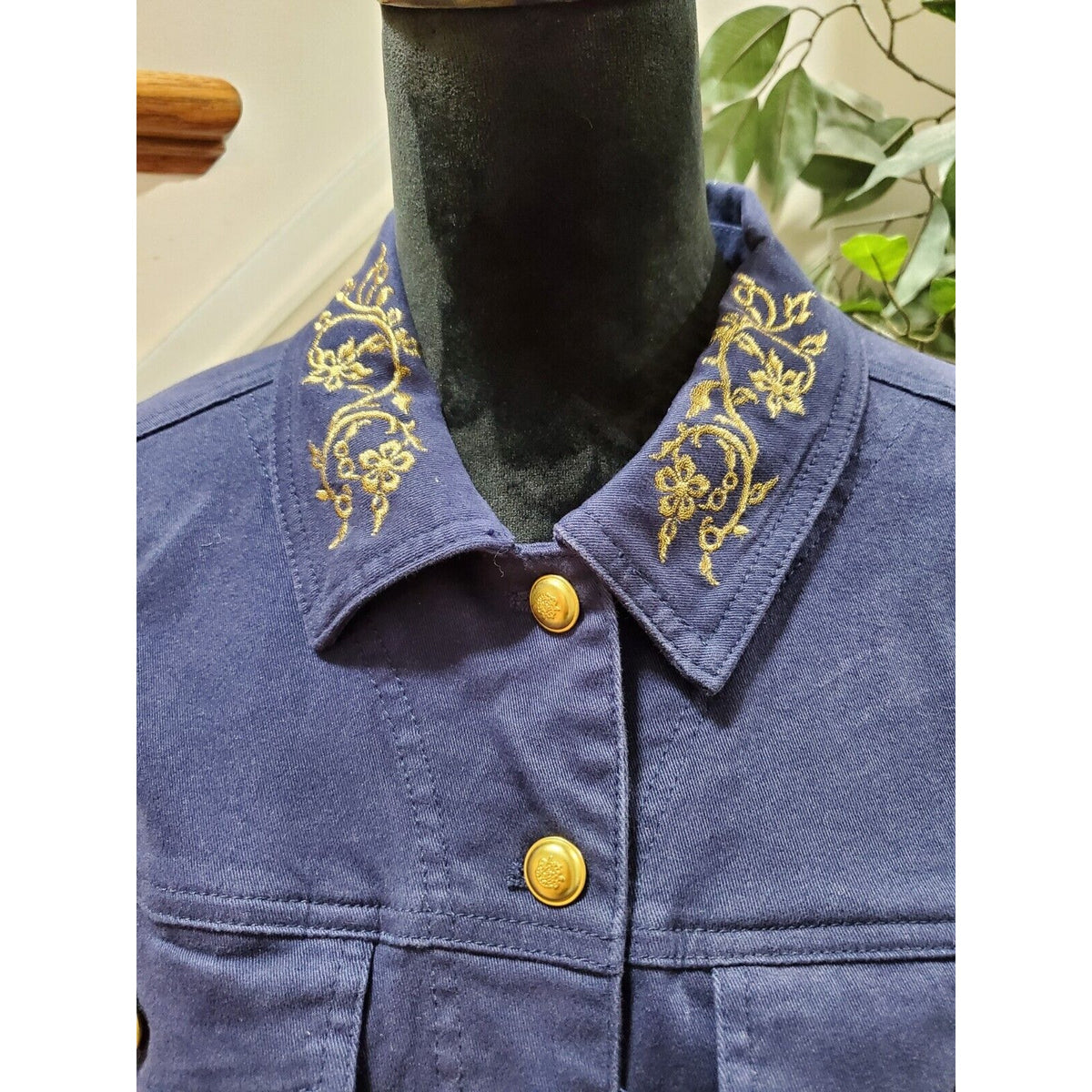 Denim & Company Women's Blue Cotton Buttons Front Long Sleeve Casual Jacket L