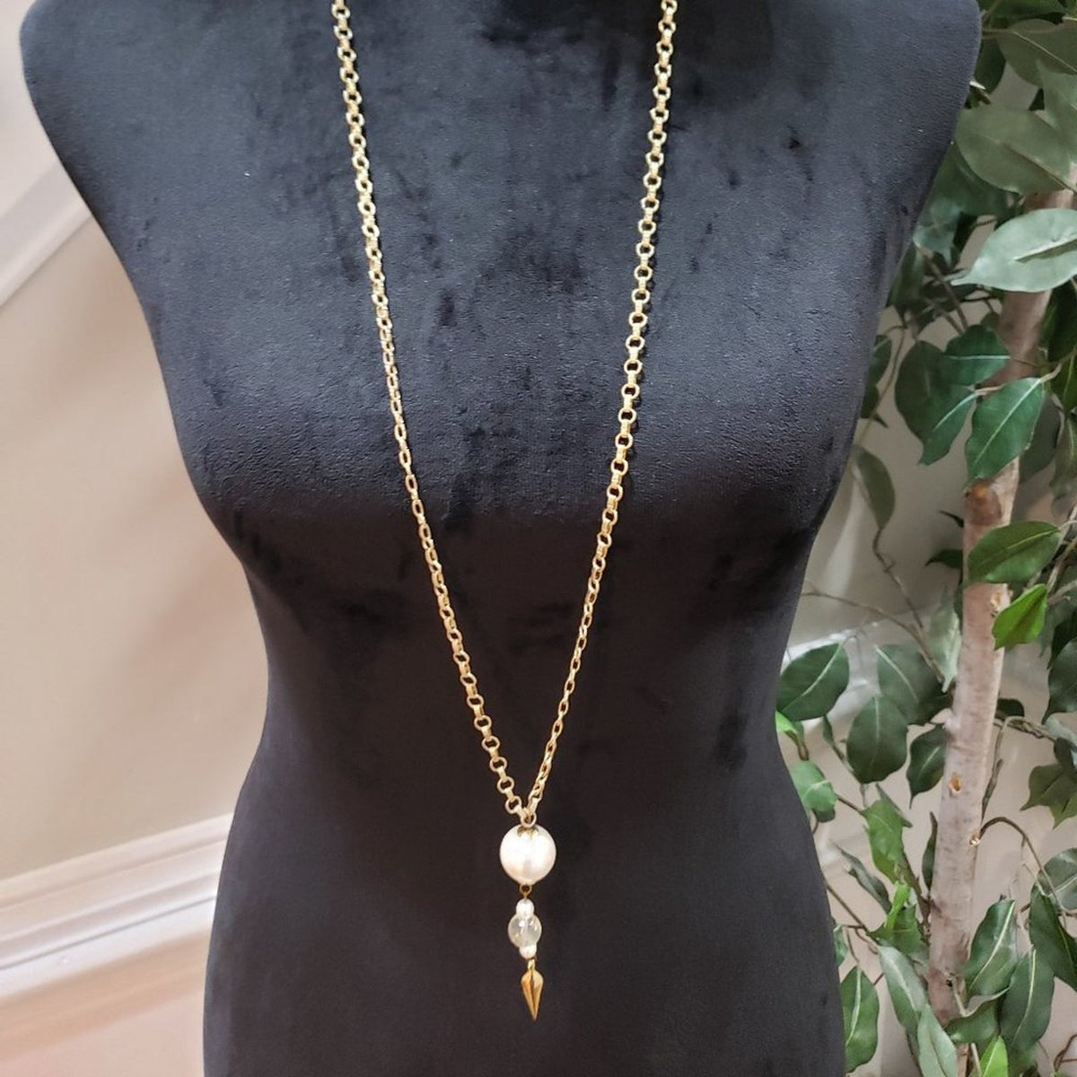 Womens Fashions Gold White Stone Thin Tassel Pendant Necklace with Lobster Clasp