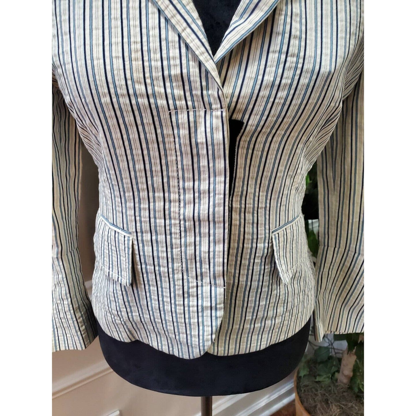 BCBGMaxazria Women's Striped Cotton Long Sleeve Single Breasted Fitted Blazer M