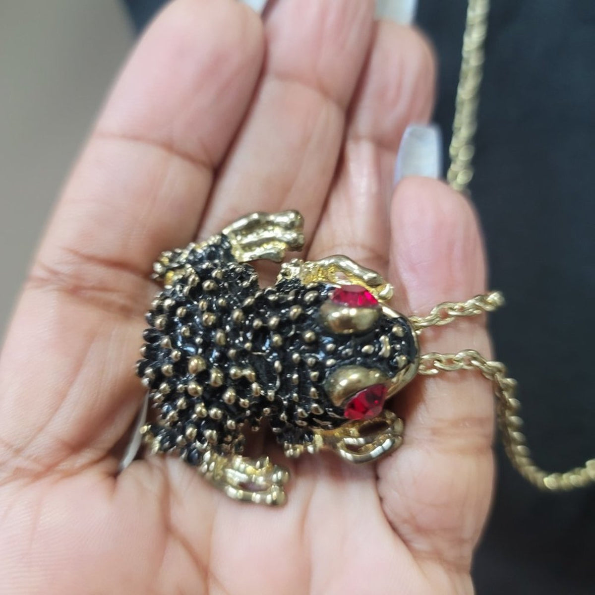 Cute Gold Tone Frog with Red Rhinestones Unique design Pendant Necklace