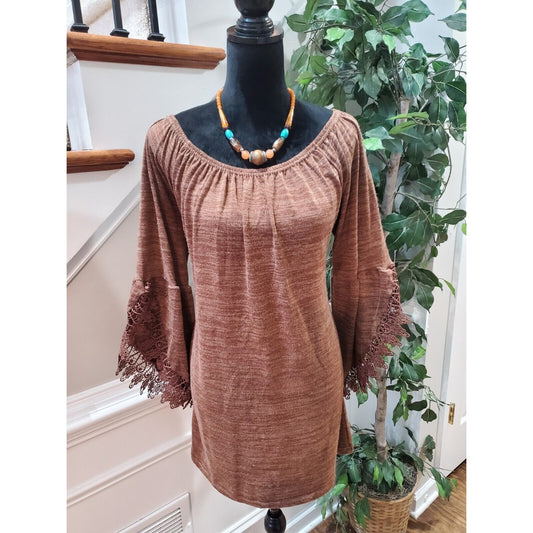 Win Win Women Brown Polyester Round Neck Long Sleeve Casual Knee Length Dress XL