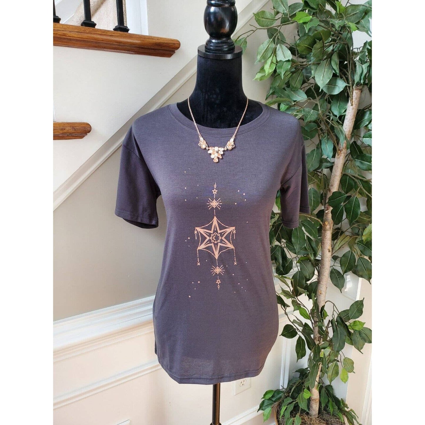 SHEIN Women's Gray Polyester Crew Neck Short Sleeve Casual Top Shirt Size Medium