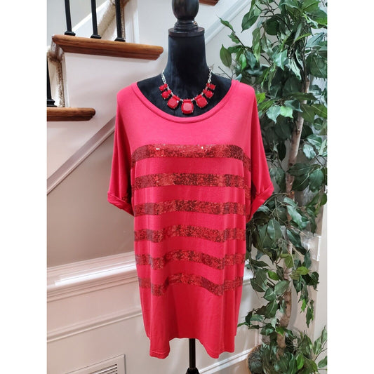 Avenue Women’s Sequin Red Striped Round Neck Sleeve Top Blouse Size 30/32