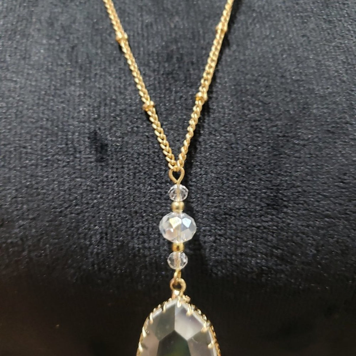 Womens Long Necklace with Teardrop Crystal and Glass Beads with Gold Chain