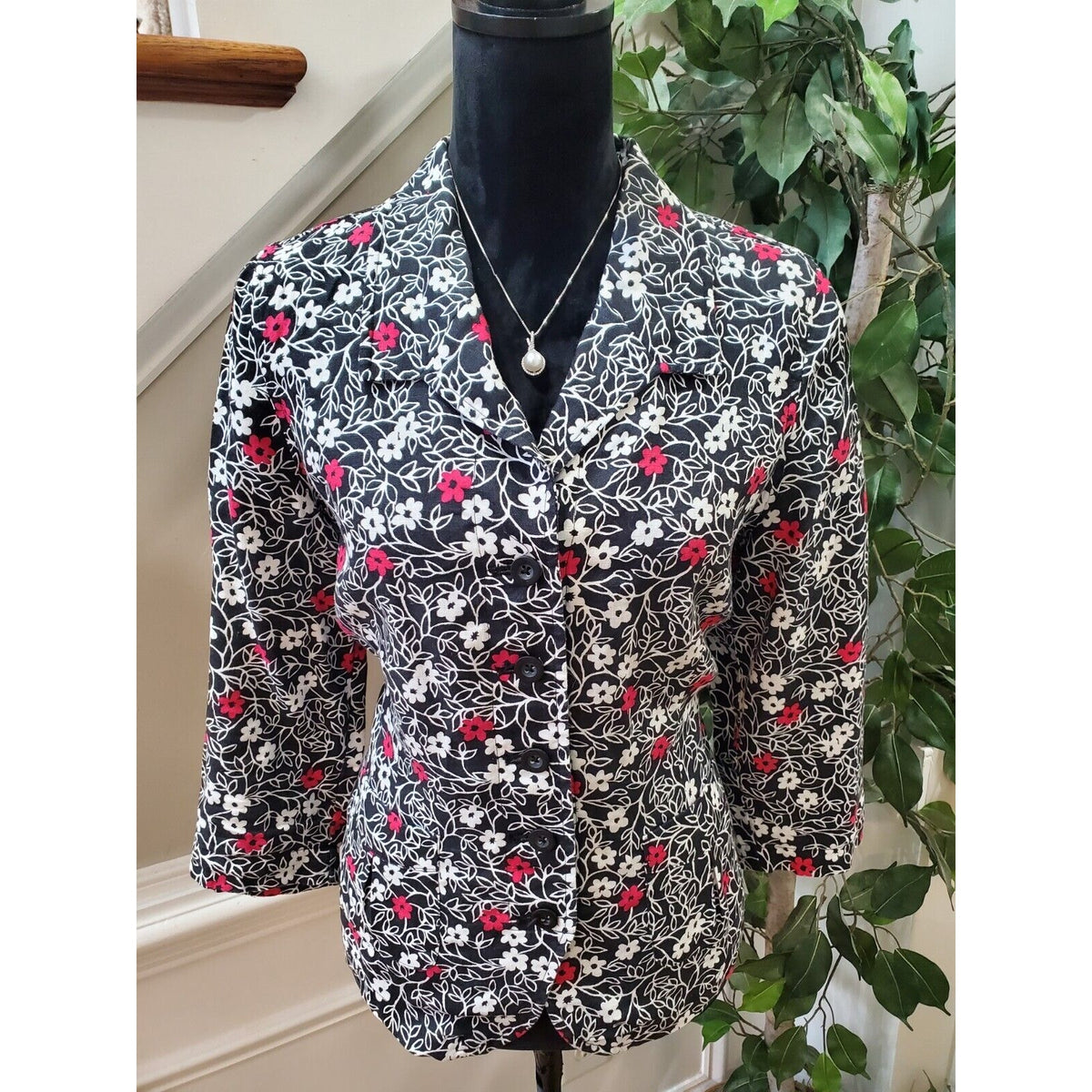 Kim Rogers Women's Black Floral Linen Collared Long Sleeve Button Down Shirt 12