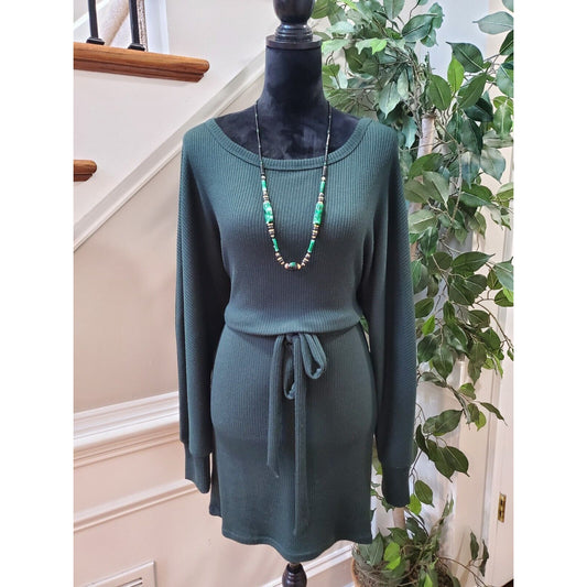 Revamped Women's Green Polyester Round Neck Long Sleeve Knee Length Dress Medium