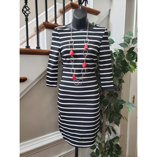 Women's Black White Striped Long Sleeve Back Out Knee Length Dress Size Small