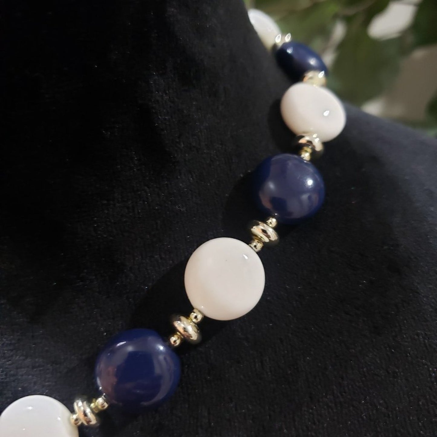 Women's Blue & White Round Shape Beaded Statement Lobster Clasp Necklace