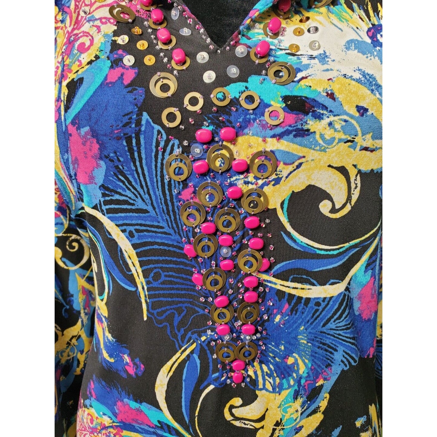 Style & Co. Women's Blue & Black Polyester V-Neck Long Sleeve Top Blouse Size L