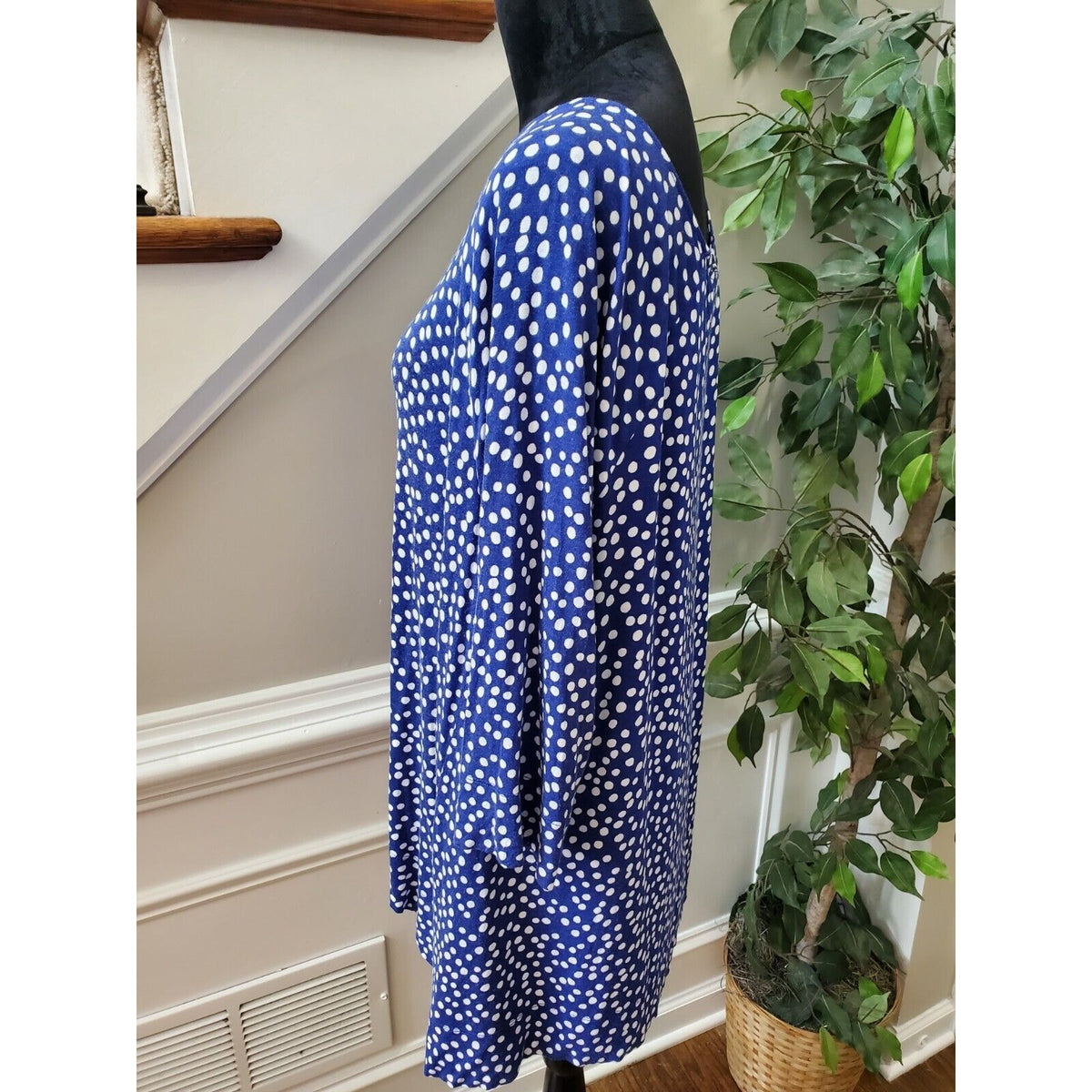 Chico's Blue Polka Dot Rayon Round Neck Long Sleeve Casual Top Blouse (3) XL