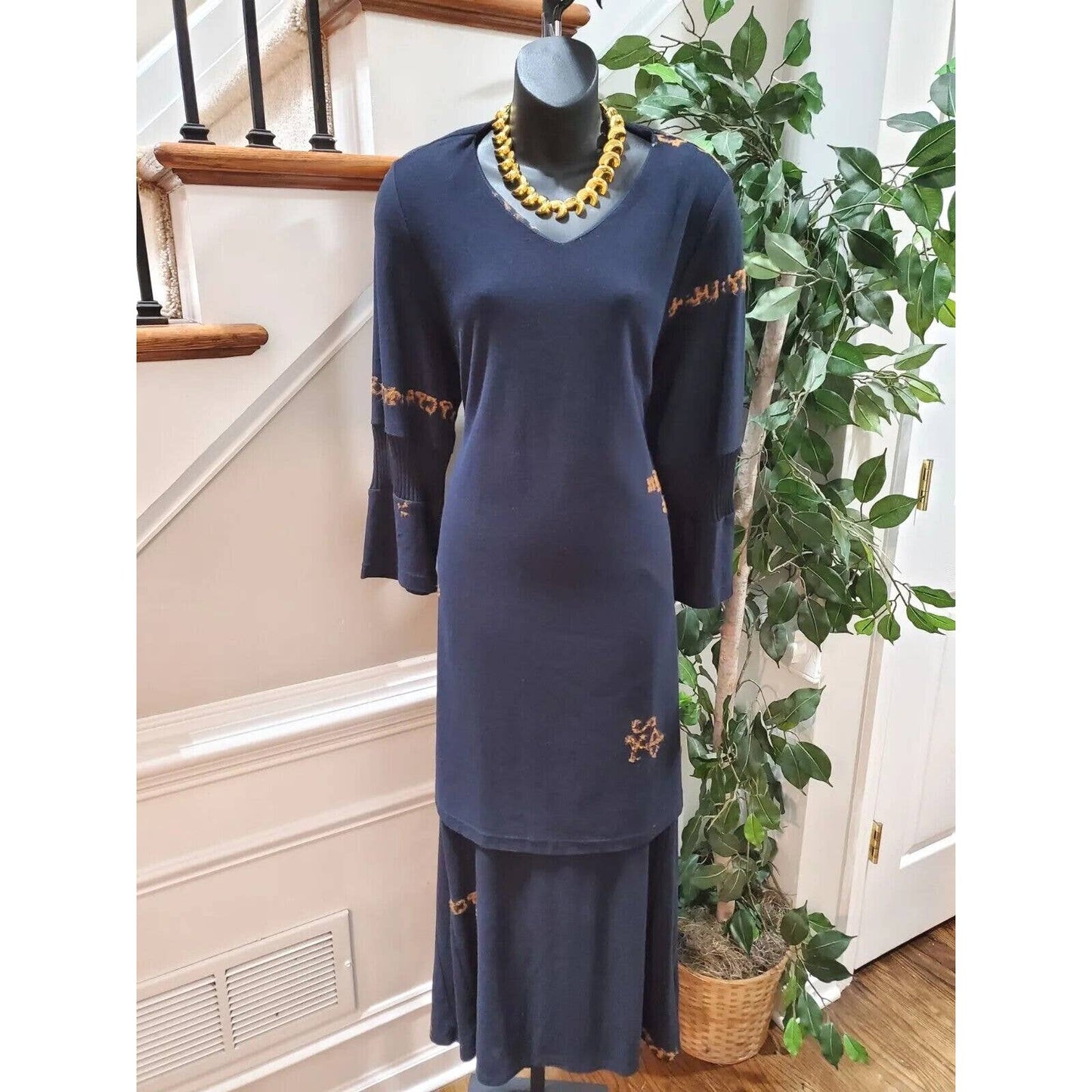 Heide Ost Textured Black Cotton Long Sleeve Blouse & Skirt 2 Pc's Suit Size XL