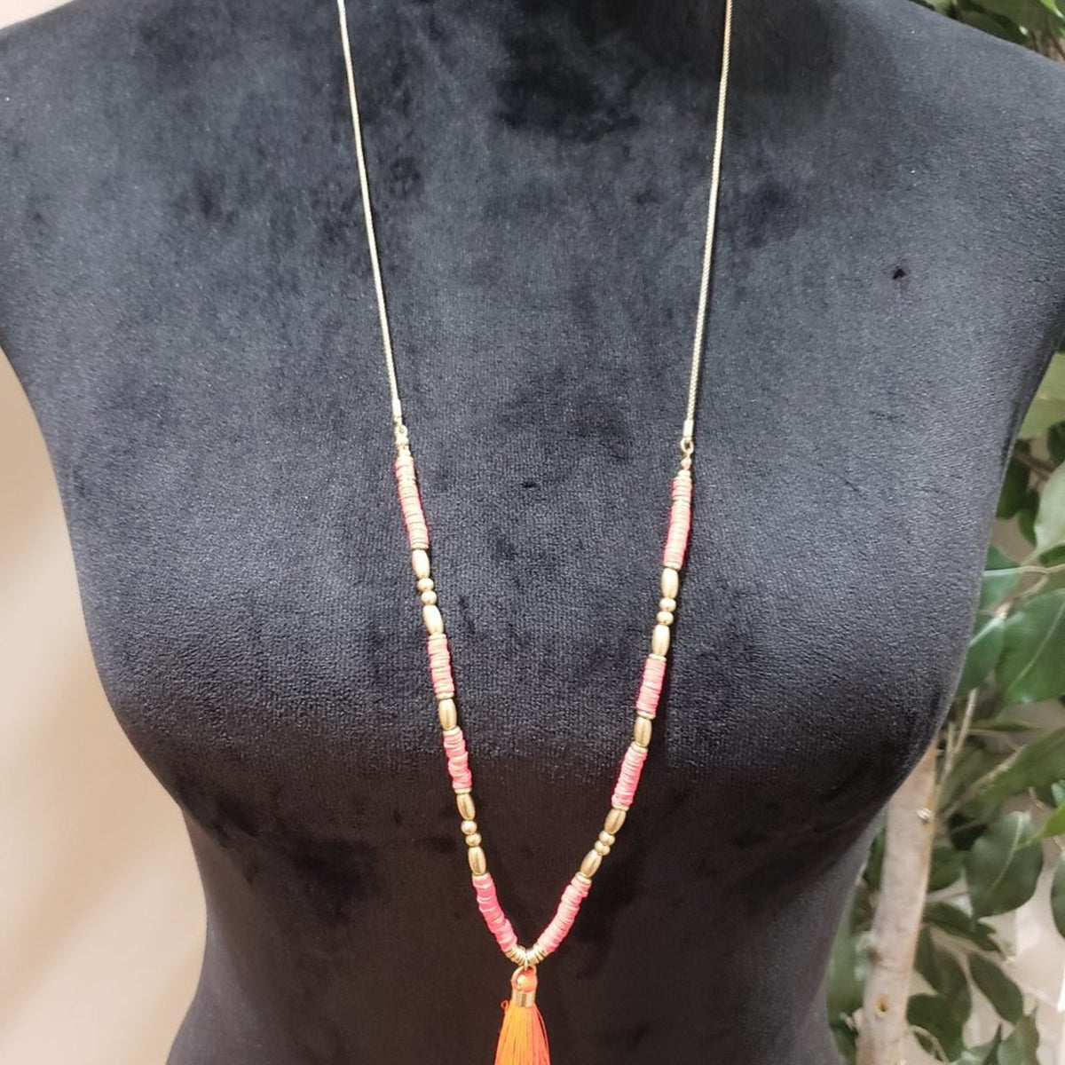 Women's Bohemian Beaded Long Pink & Gold Tassel Necklace