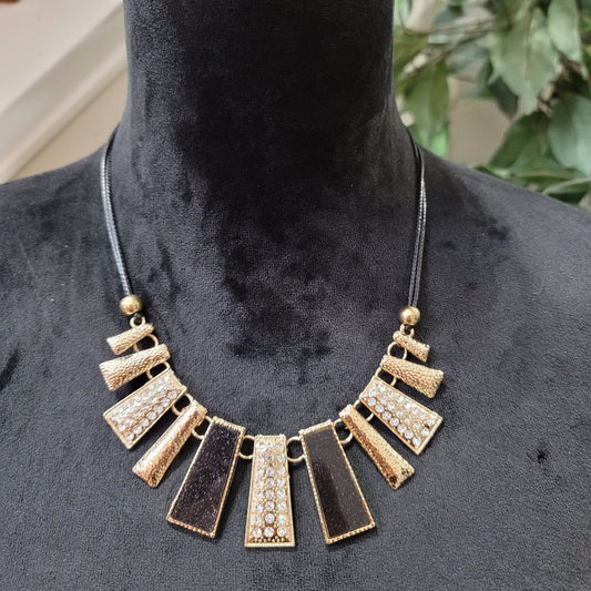Womens Black & Gold Fusion Bar Fashion Pendant Necklace Statement