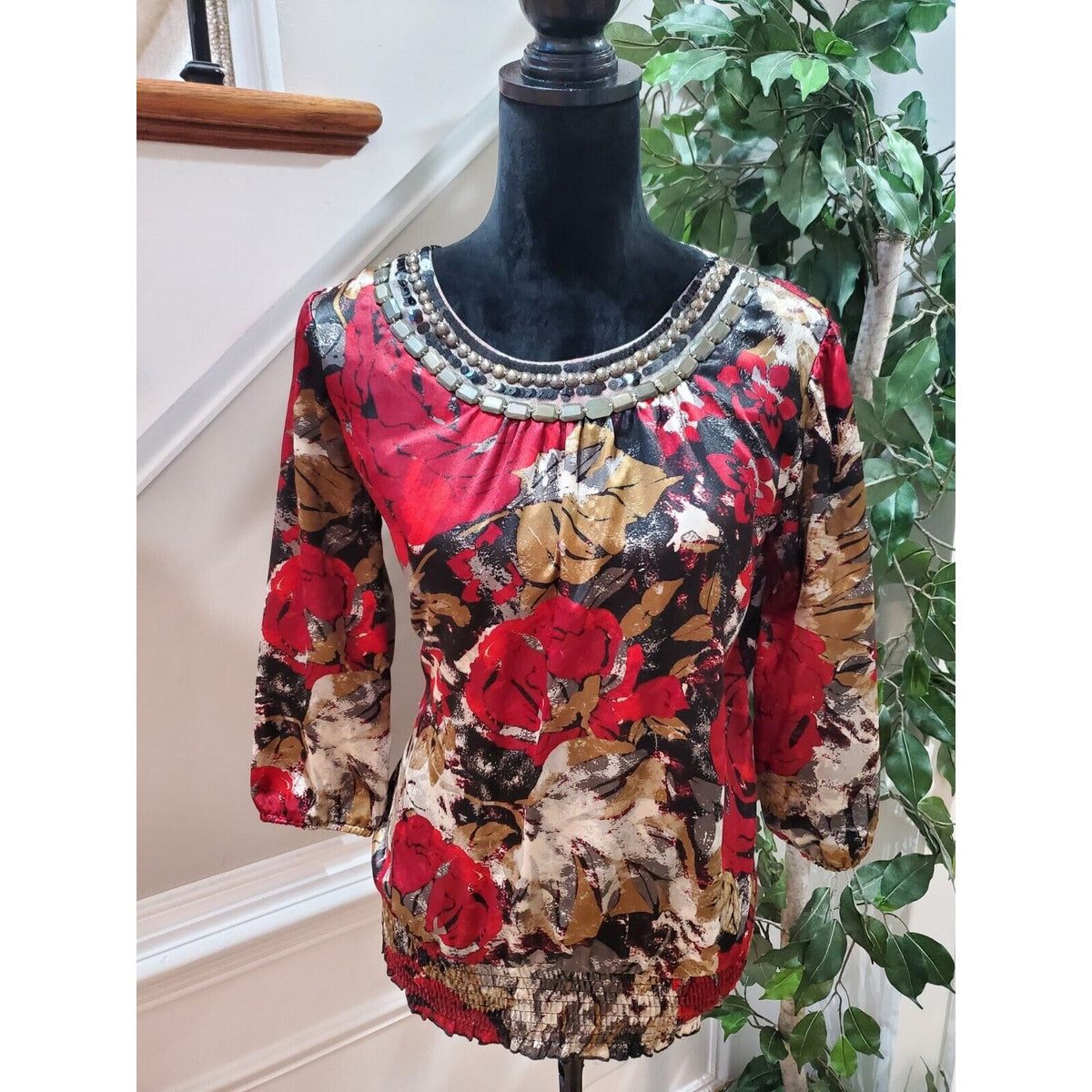 Cato Women Red Floral Polyester Round Neck Long Sleeve Casual Top Blouse Small