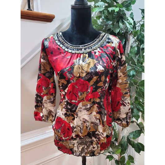 Cato Women Red Floral Polyester Round Neck Long Sleeve Casual Top Blouse Small
