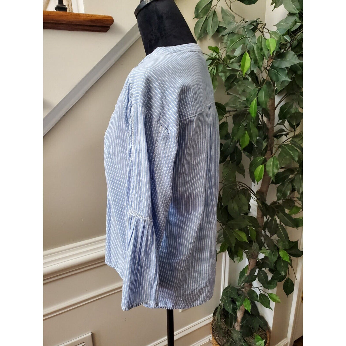 L.O.G.G Women's Blue Striped 100% Cotton V-Neck Long Sleeve Casual Top Blouse 2