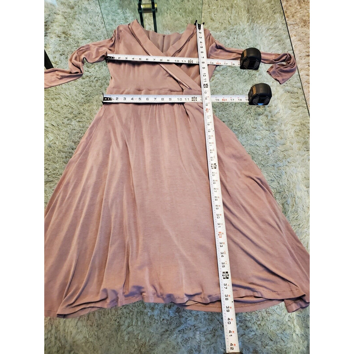 J. June Women Purple Solid Polyester V-Neck Long Sleeve Knee Length Dress Medium