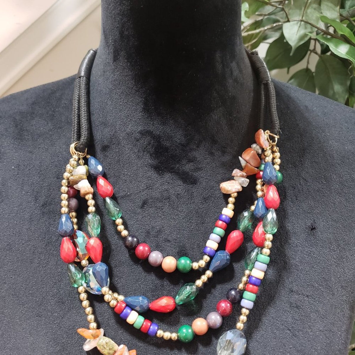 Women's Multicolored Four Strand Beads Lobster Clasp Statement Necklace