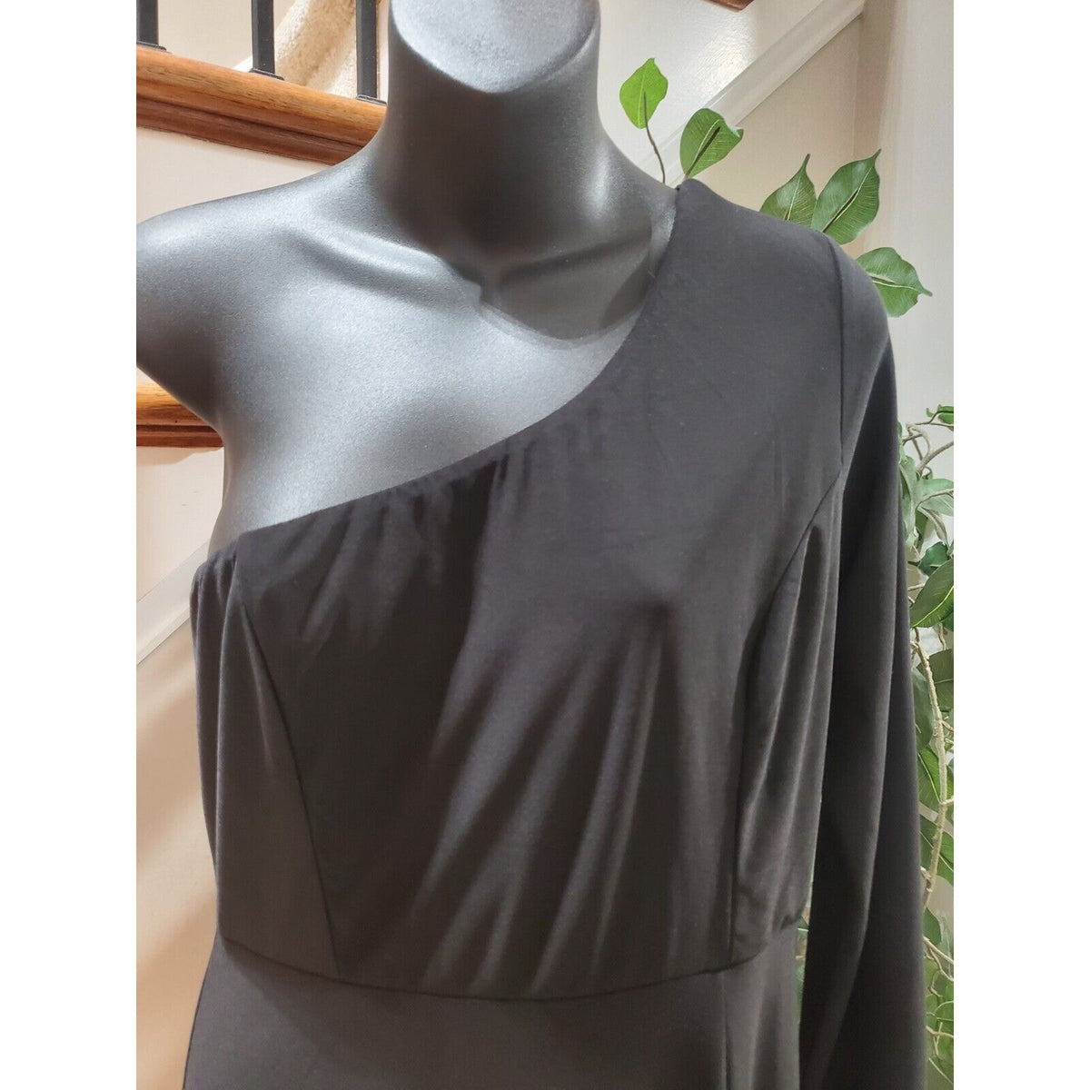 Venus Women's Black Solid Polyester One Shoulder Off Long Sleeve Long Maxi Dress