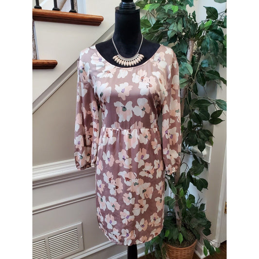 Illa Illa Womens Brown Floral Polyester Round Neck Knee Length Dress Size Large