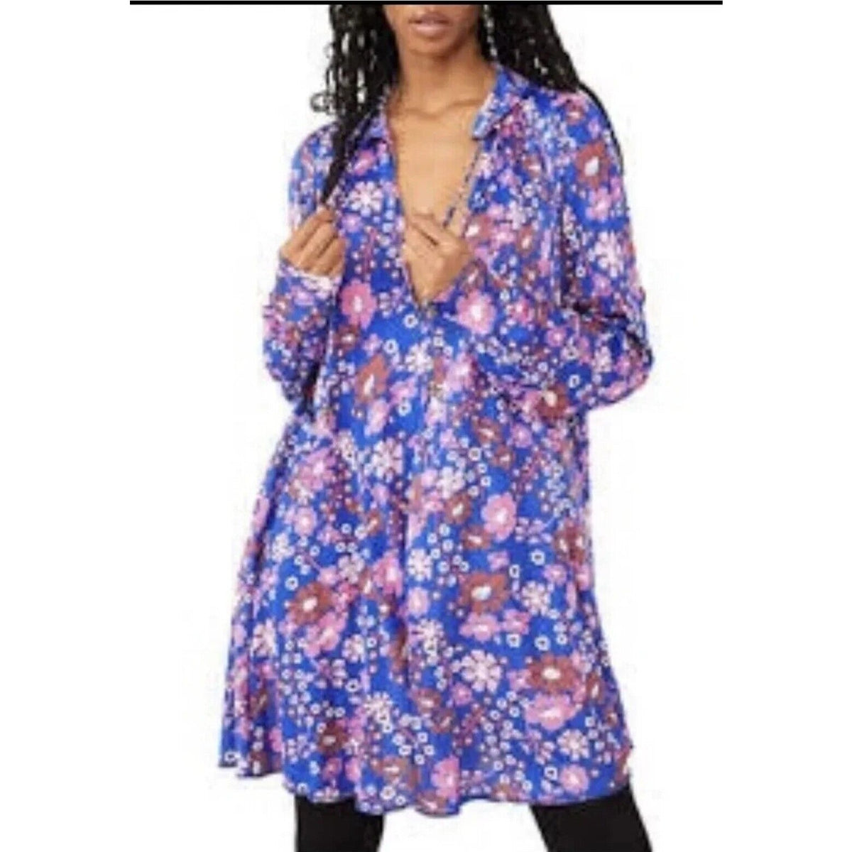 Free People Daisy Jane Mini Dress Botanical Combo Floral Tie Neck Size Small