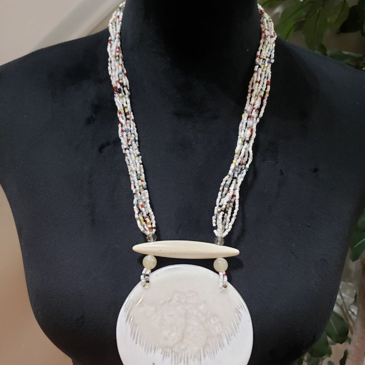 Womens Faux MOP Gong Asian Art Glass Enamel Multistrand Bead Pendant Necklace