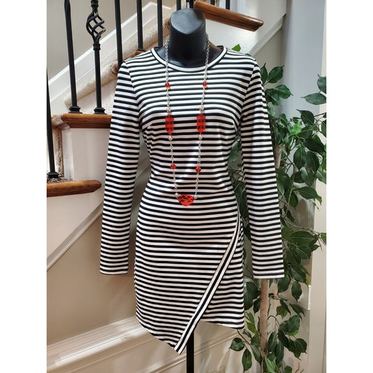 Tea & Cup Black White Striped Long Sleeve Back Zip Knee Length Dress Size Small