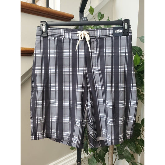 Roundtree & Yorke Men's Gray Plaid Polyester Pull On Stretch Swimwear Shorts M