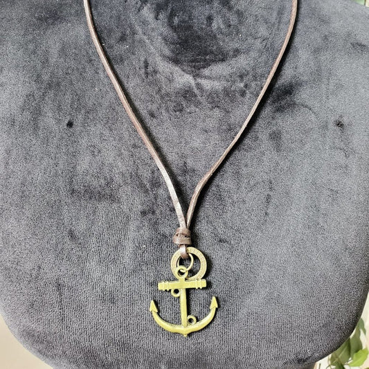 Womens Brown Leather Slogan Detail Geometric & Anchor Charm Necklace