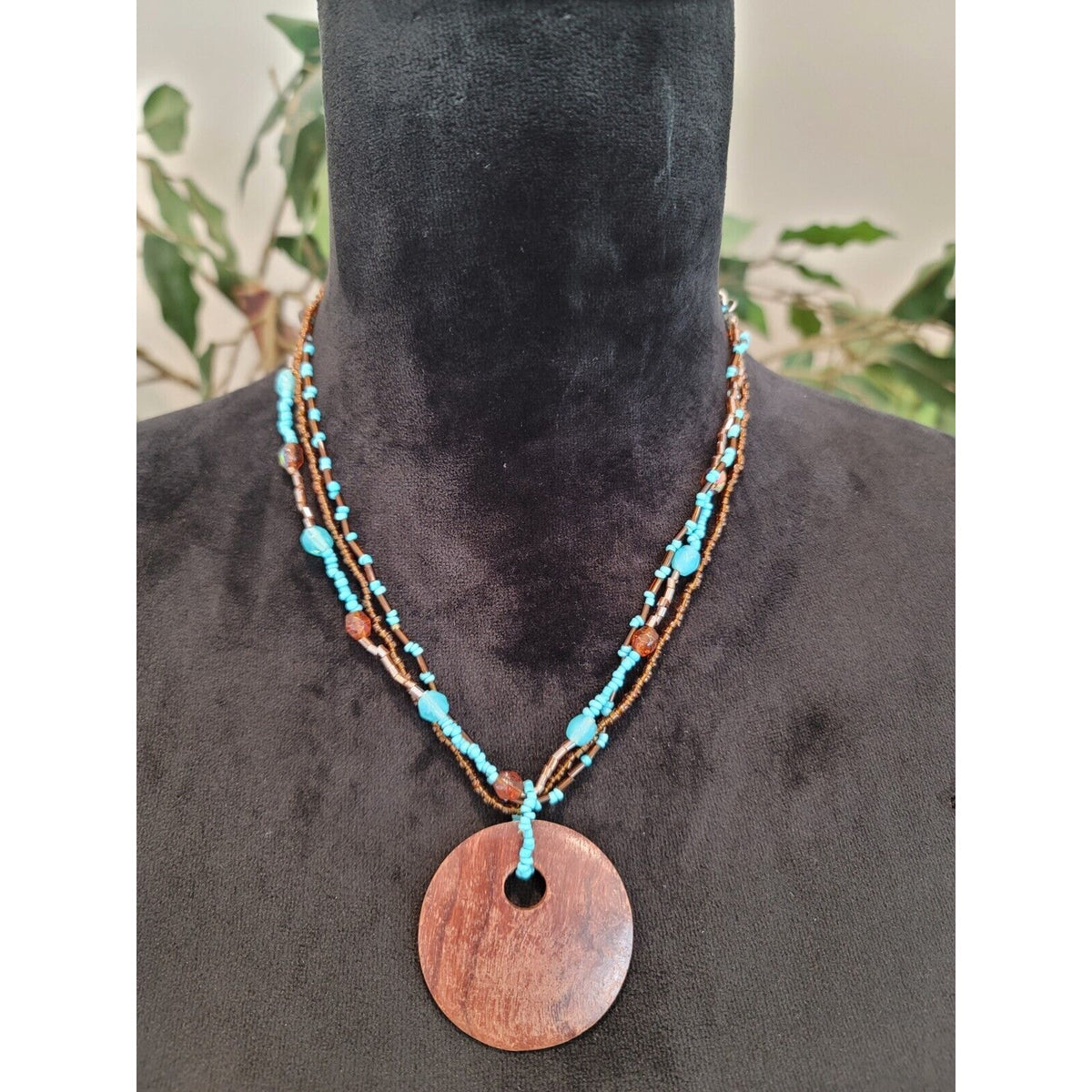 Women Fashion Brown Faux Jade Circle Turquoise Beads Pendant Lobster Clasp