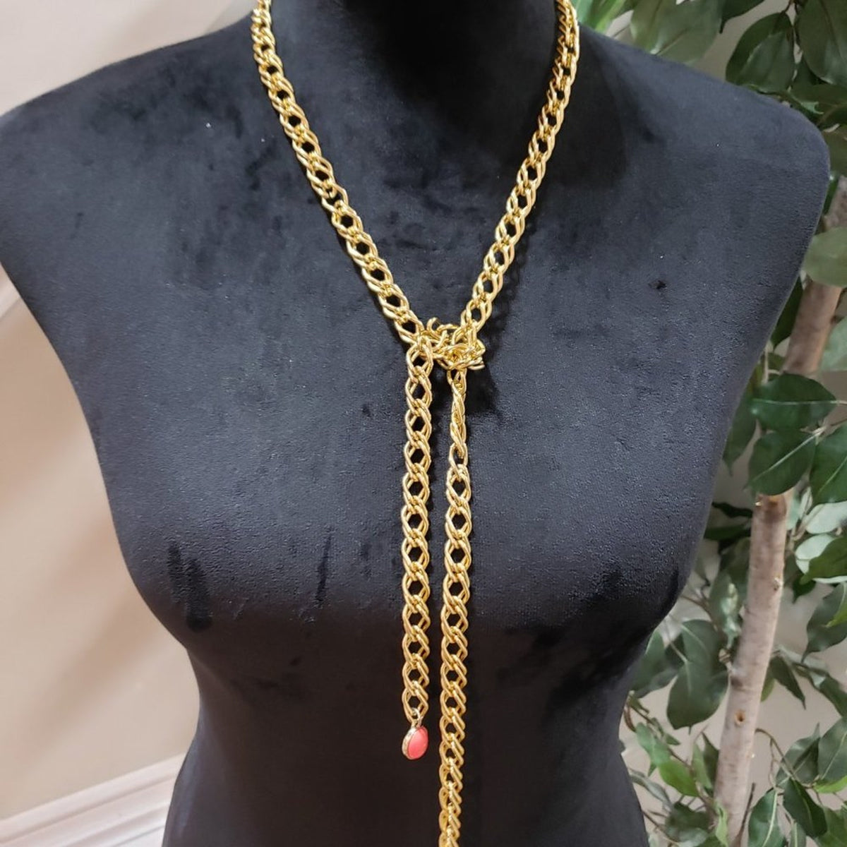 Gold Tone Tie a Knot Pink Chunki Gem Stone Lariat Style Long Chain Necklace