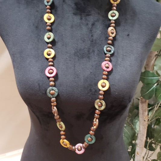 Vintage Bohemian Multicolor Wood Beaded Long Sweater Style Teardrop Necklace