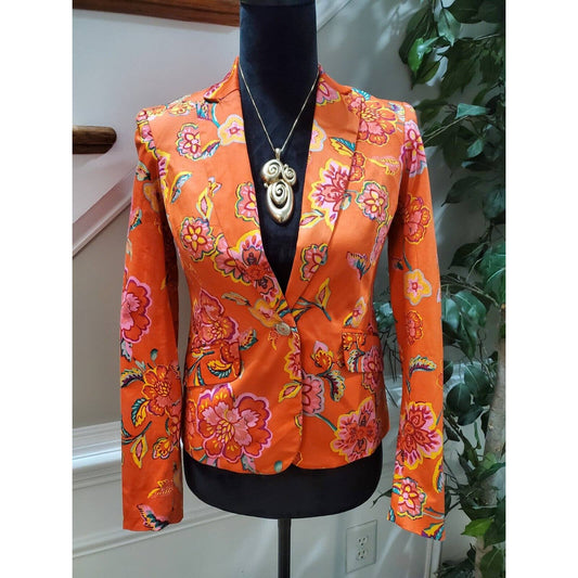 Jones New York Women Orange Floral Cotton Long Sleeve Single Breasted Blazer 2P