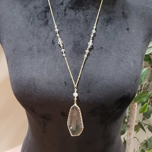 Womens Long Necklace with Teardrop Crystal and Glass Beads with Gold Chain