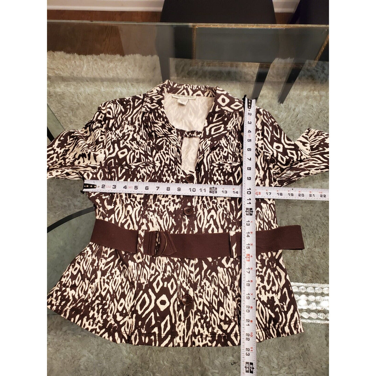 Bamboo Traders Women's Brown White Long Sleeve Belted Button Front Jacket Medium