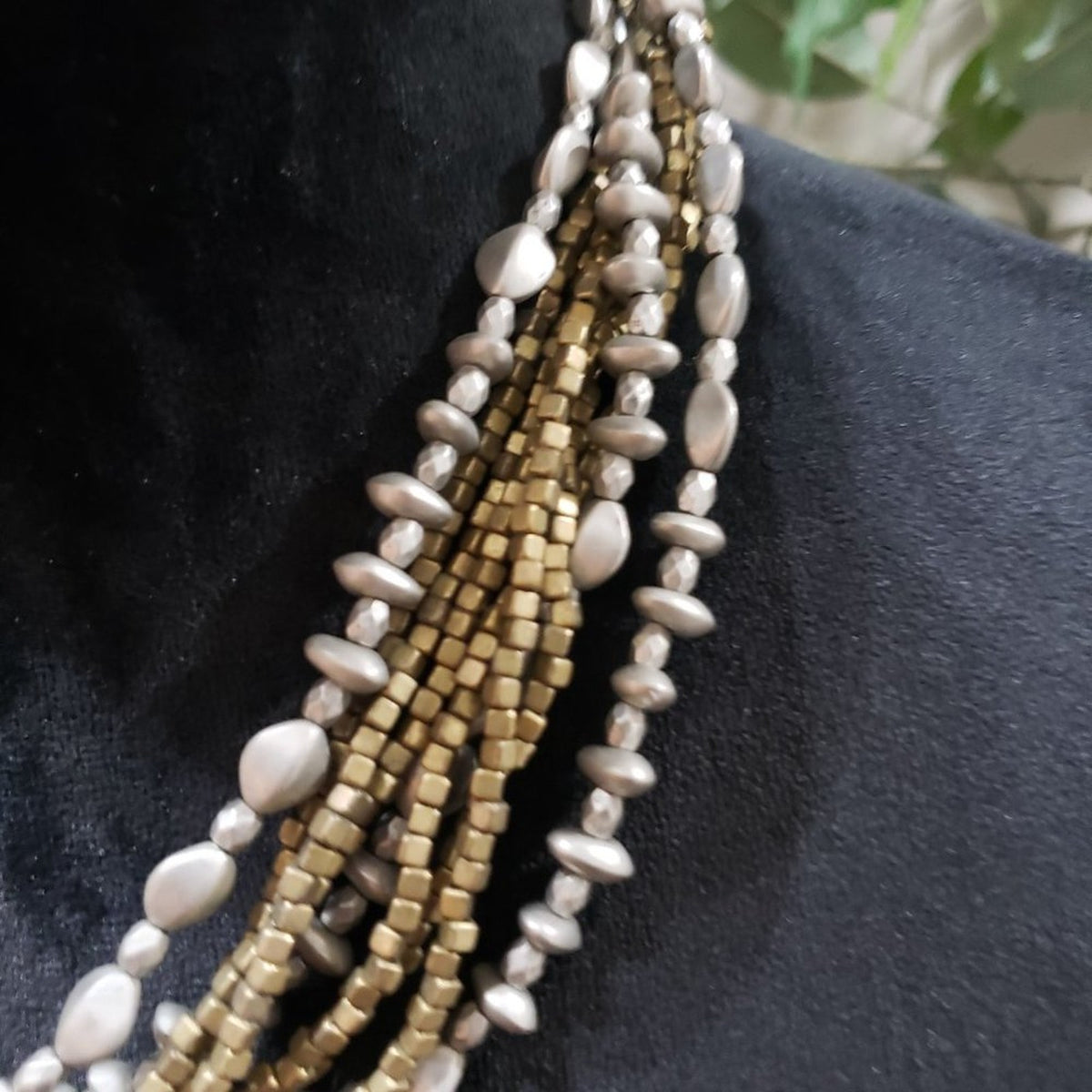 Vintage Boho Multi Strand Necklace Dark Brown Bronze & Silver Bead Choker